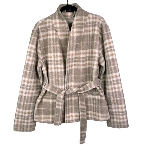NWT Yest Netherlands Evolet Jacket Short Blanket Coat Sandy White Plaid Tie 12 - Picture 3 of 16